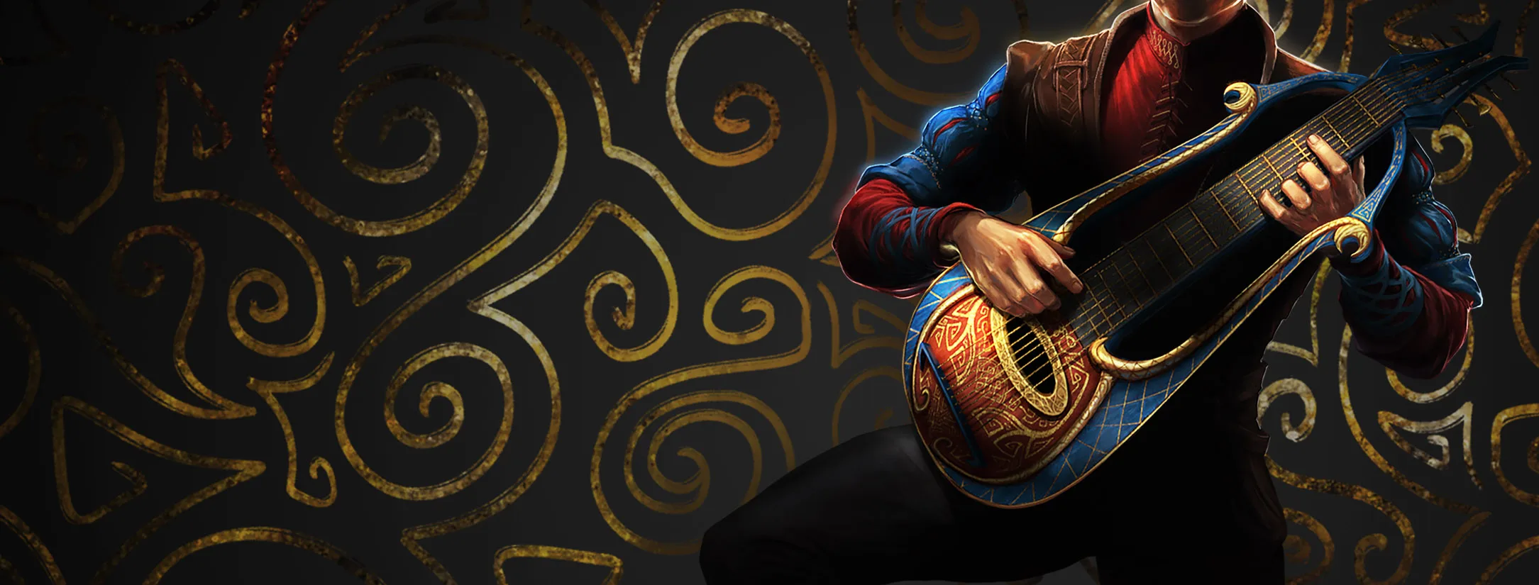 A Bard wearing bold red and blue leathers strums an ornate lute